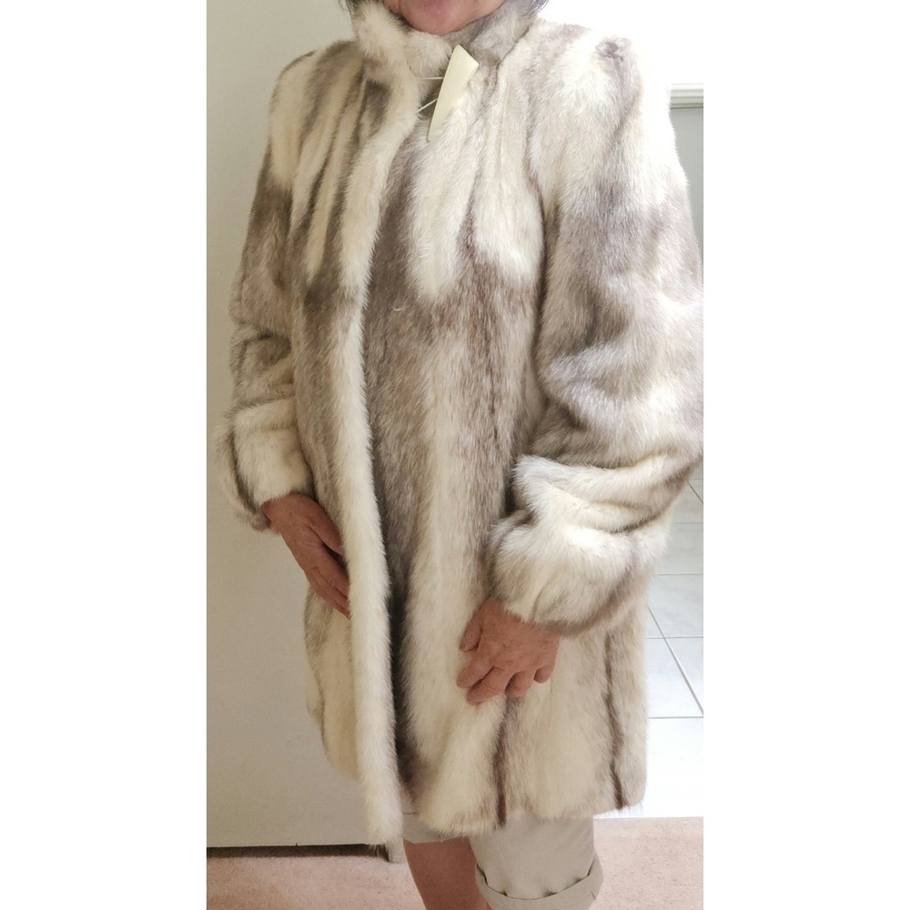 Vintage Luxury Real Fox Fur Coat Charcoal Stripe Cream Mid Length Size M/L